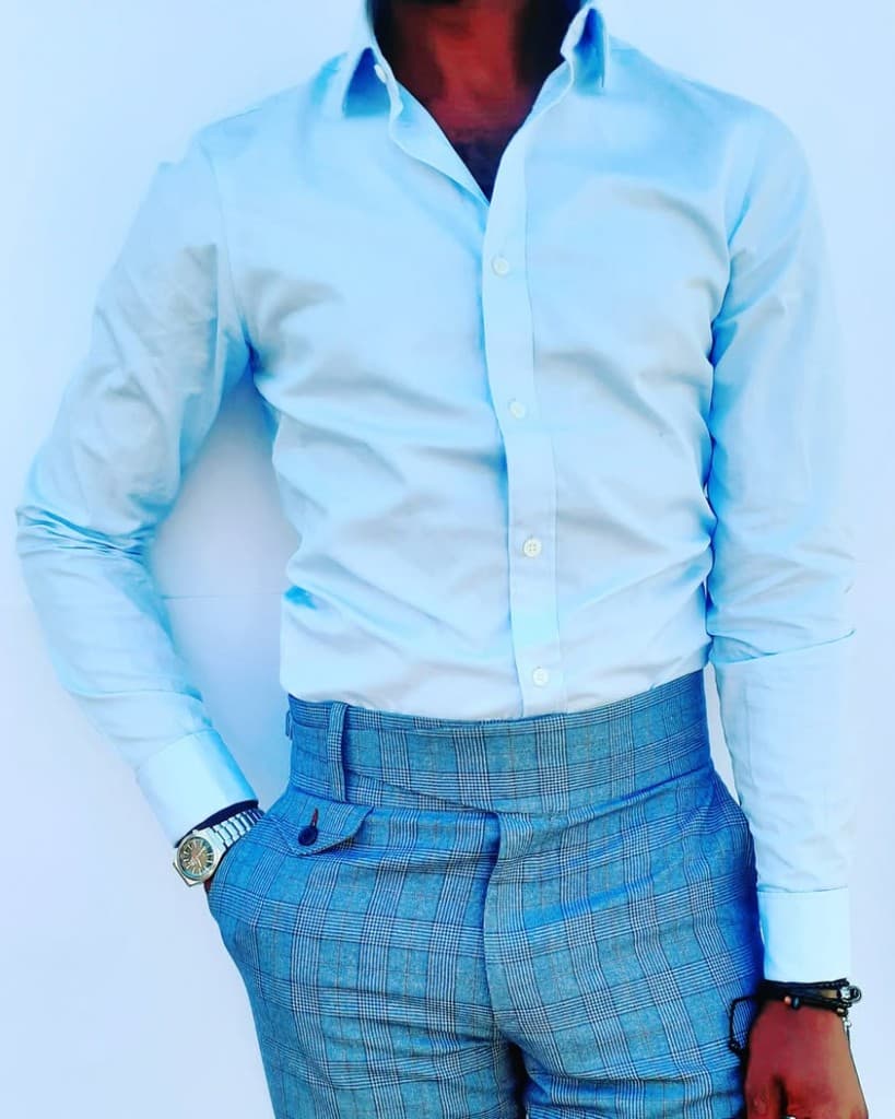 Plaid Trousers & Blue Shirt